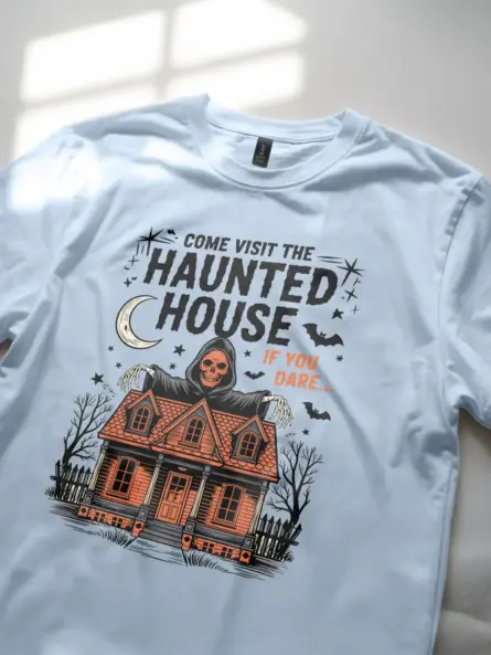 Light Blue lifestyle – haunted house enthusiast in light blue Halloween tee