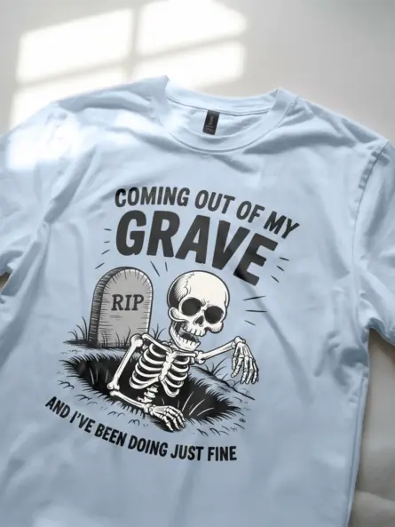 light blue funny skeleton grave t-shirt with cartoon tombstone