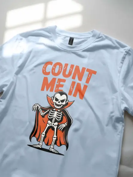 light blue Shirt – Count Me In – funny vampire skeleton t-shirt