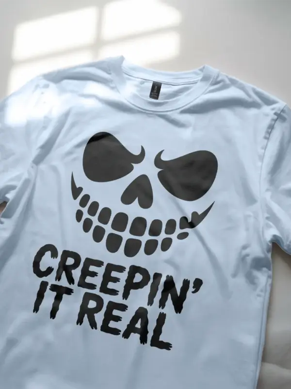 light blue Lifestyle shot Creepin It Real Halloween T-Shirt with skull