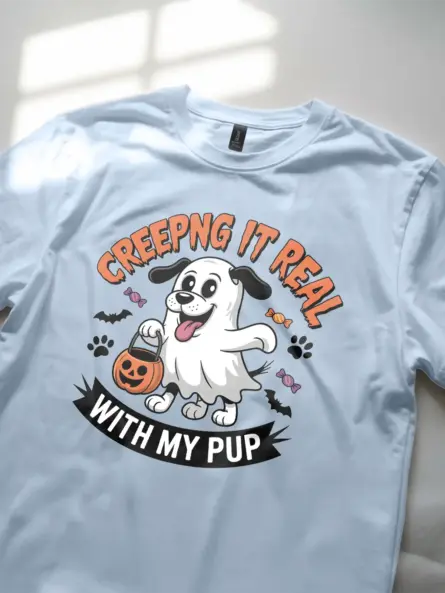 light blue Lifestyle shot Creeping It Real Dog Halloween T-Shirt funny tee