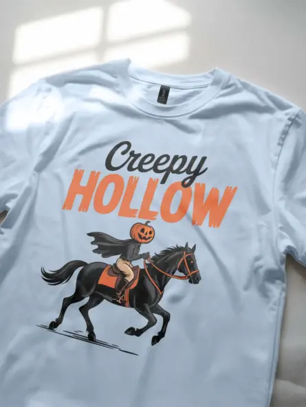 light blue folklore inspired tee with pumpkin rider