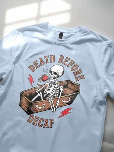 light blue lifestyle – Caffeine Addict Skeleton Shirt – death before decaf vintage t-shirt