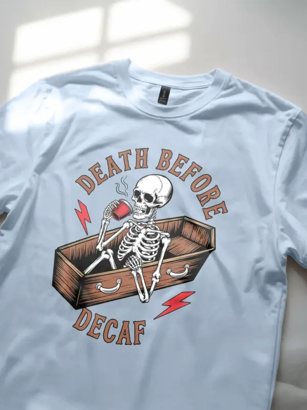 light blue lifestyle – Caffeine Addict Skeleton Shirt – death before decaf vintage t-shirt