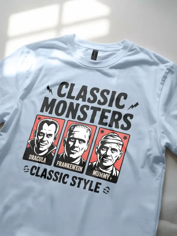 light blue Lifestyle shot shirt Classic Monsters Vintage Horror T-Shirt