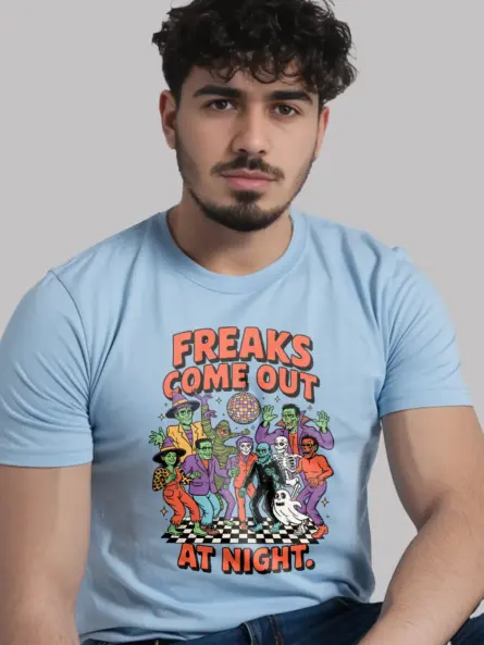 light blue Vintage Disco Party Shirt – freaks come out at night halloween t-shirt