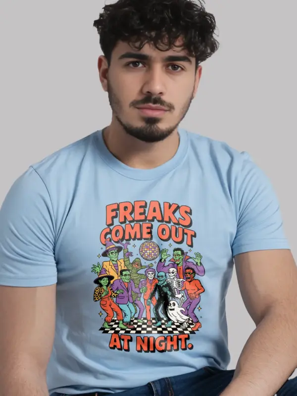 light blue Vintage Disco Party Shirt – freaks come out at night halloween t-shirt
