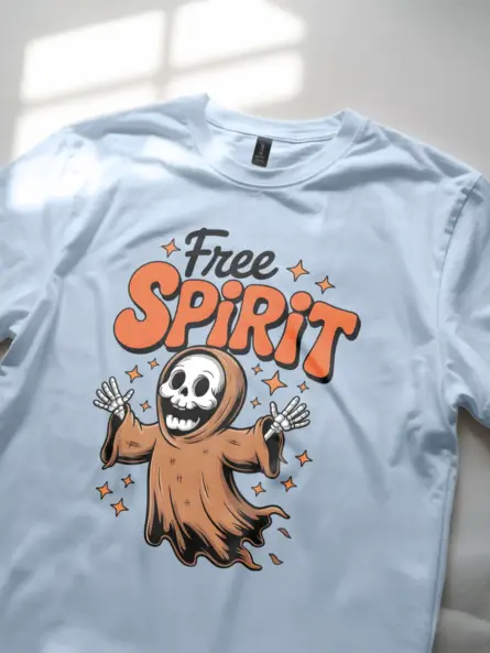 light blue skeleton ghost boho Halloween shirt rear