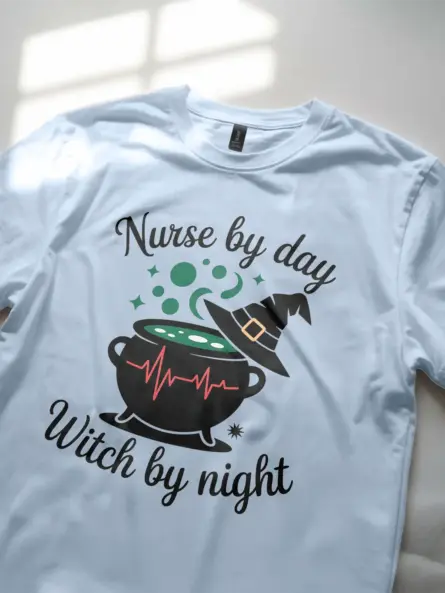light blue lifestyle shot nurse by day witch by night t-shirt healthcare worker