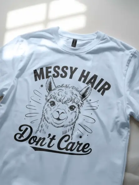 Rear view tee light blue – messy hair dont care alpaca t-shirt