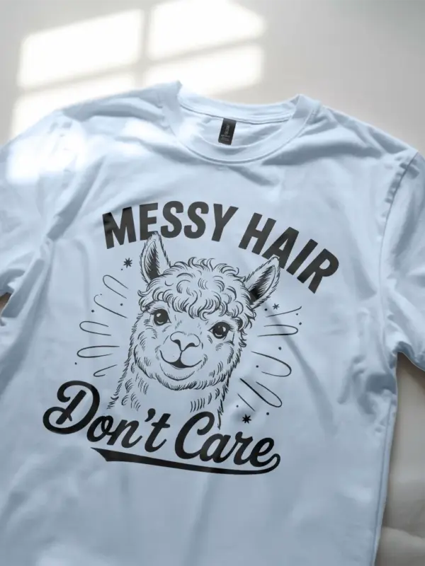 Rear view tee light blue – messy hair dont care alpaca t-shirt