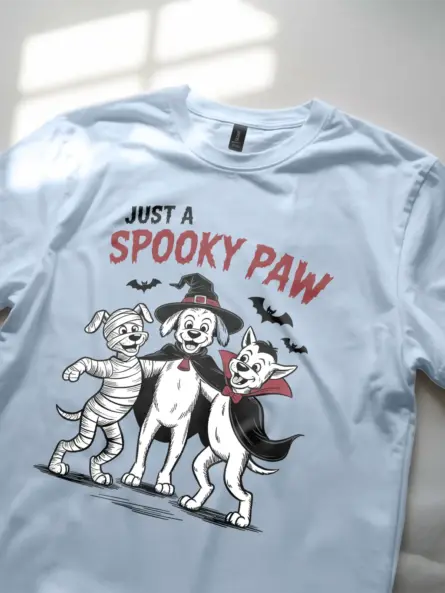 light blue close-up – line-drawn dog costumes on light blue spooky dog Halloween t-shirt