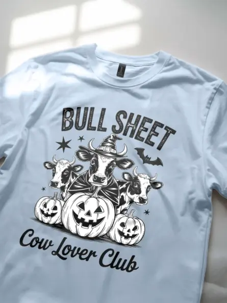 Light Blue close-up – sketch bat and stars bull sheet cow Halloween shirt