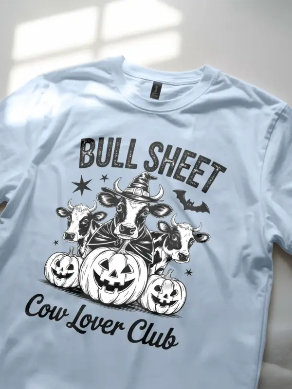 Light Blue close-up – sketch bat and stars bull sheet cow Halloween shirt