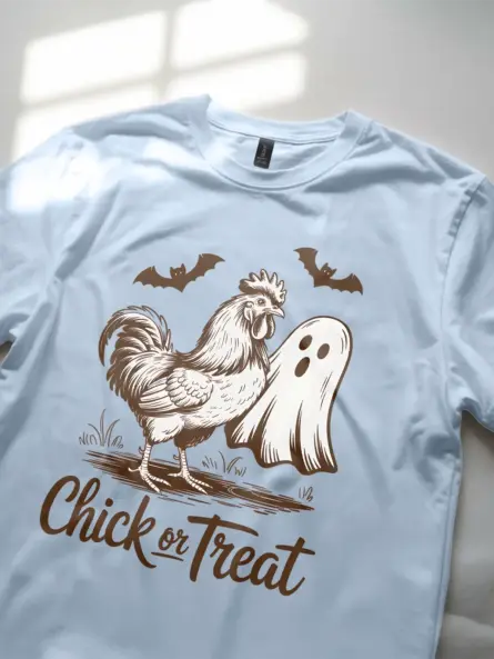 light blue ghost and rooster print Halloween shirt