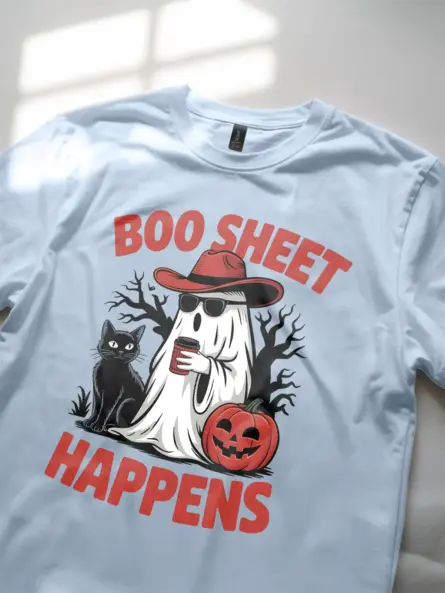 Light Blue lifestyle – cowboy ghost Halloween shirt with black cat light blue