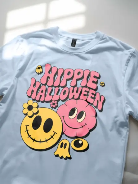 Light Blue close-up – pink smiley face detail hippie Halloween shirt