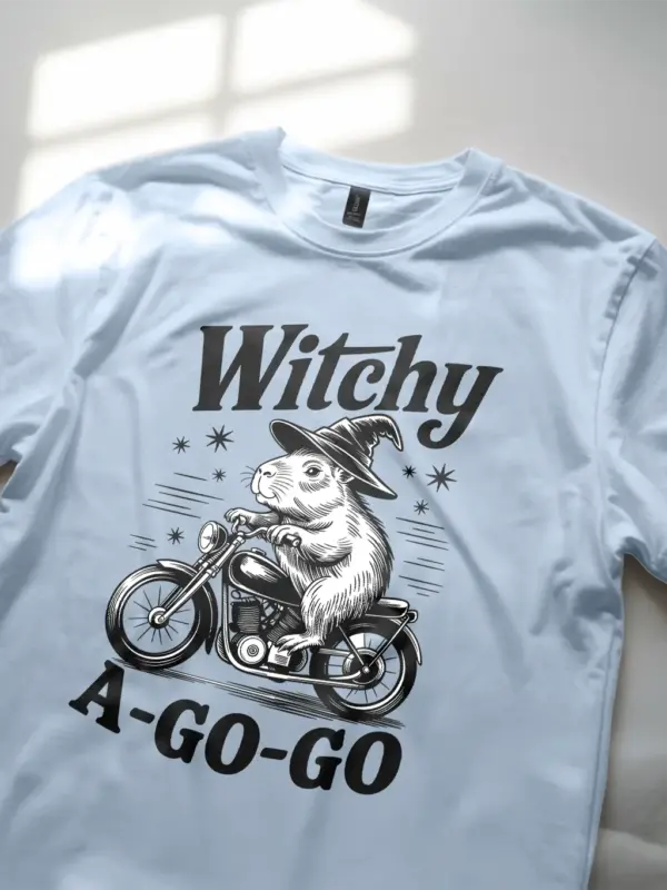 Light Blue lifestyle shot – Witchy A Go Go witchy capybara t-shirt