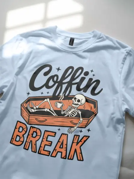 light blue distressed vintage skeleton coffee Halloween tee detail