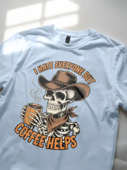 Grungy Skeleton Cowboy Coffee T-Shirt – Funny Anti-Social Vintage Tee - Image 5