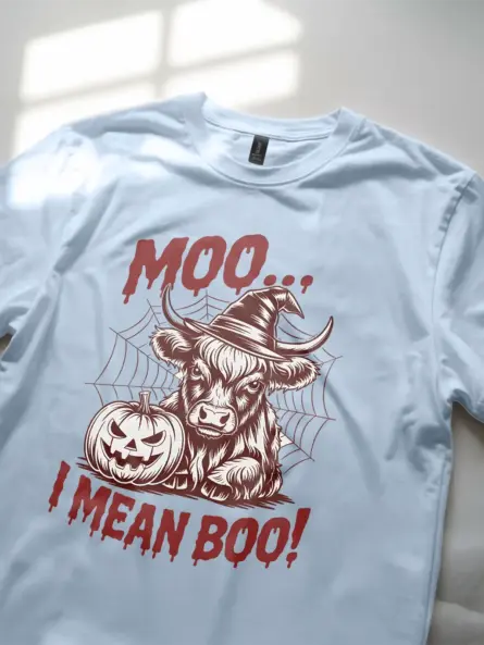 Light Blue lifestyle – rustic fall highland cow Halloween shirt for women