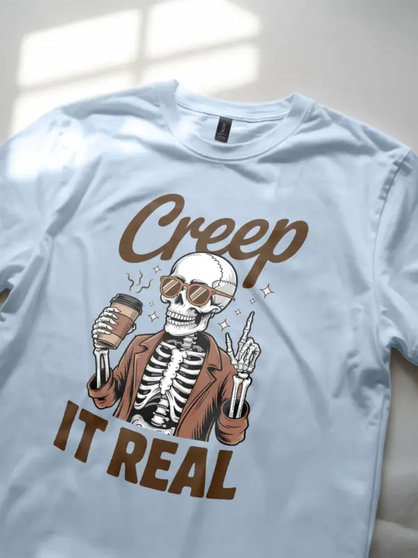 close-up – DTG print on light blue funny skeleton coffee shirt