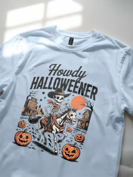 Light Blue close-up – full moon and ghost town cowboy skeleton Halloween shirt