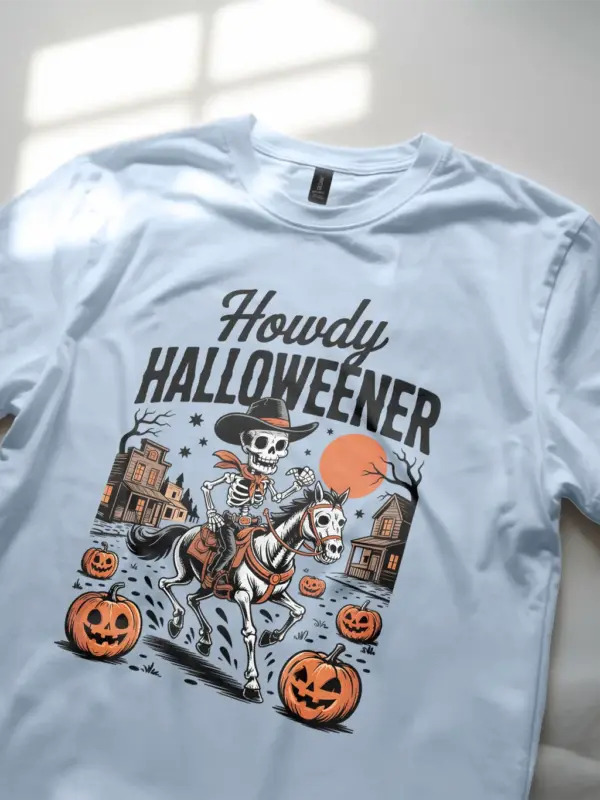 Light Blue close-up – full moon and ghost town cowboy skeleton Halloween shirt
