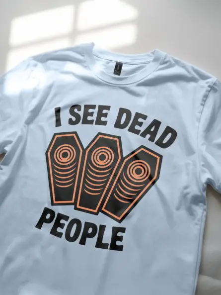 light blue I See Dead People Coffin Halloween T-Shirt – coffin print tee for adults
