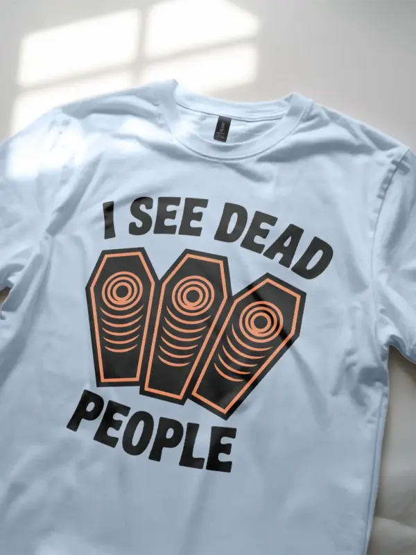 light blue I See Dead People Coffin Halloween T-Shirt – coffin print tee for adults