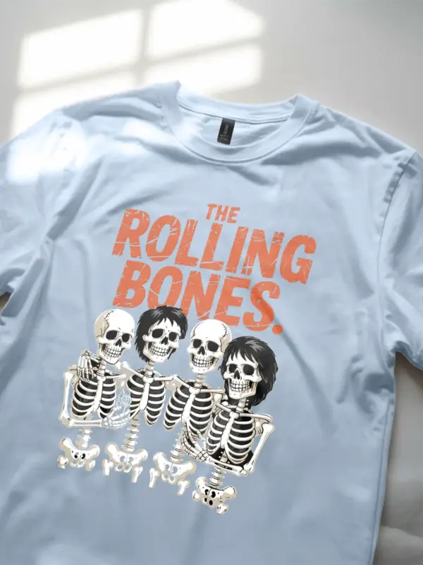 close-up – skeleton detail on light blue vintage Halloween rock band t-shirt