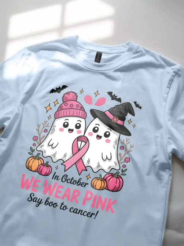 light blue lifestyle photo – cute October pink shirt – pink ghost breast cancer shirt