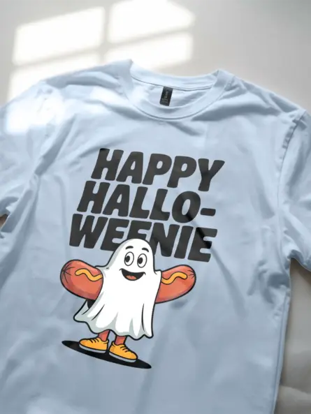 Playful Happy Halloweenie T-Shirt – Hot Dog Ghost Fun - Image 5