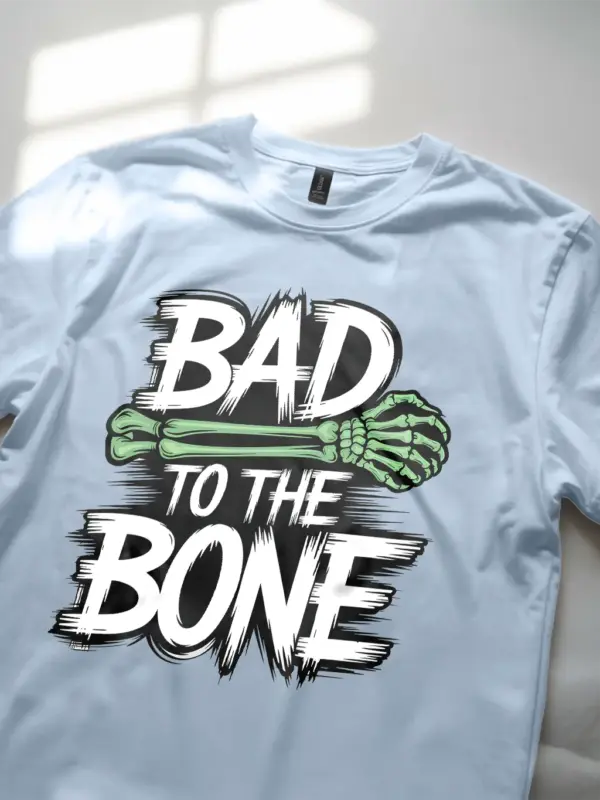 light blue front – Bad to the Bone dark humor punk skeleton Halloween t-shirt