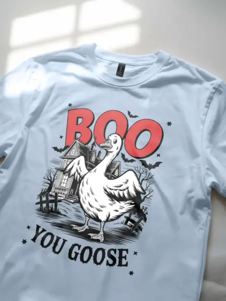 Light Blue close-up – ghost goose crosshatch design spooky Halloween shirt