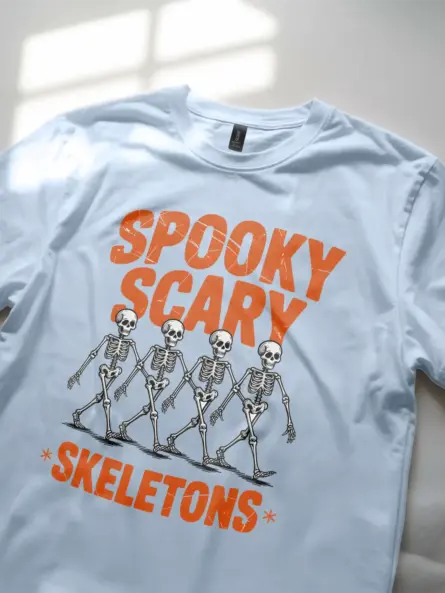 Light Blue angled front – light blue horror movie poster skeleton dance t-shirt