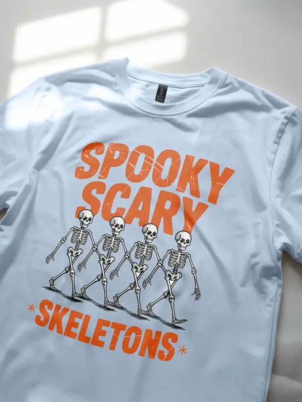 Light Blue angled front – light blue horror movie poster skeleton dance t-shirt