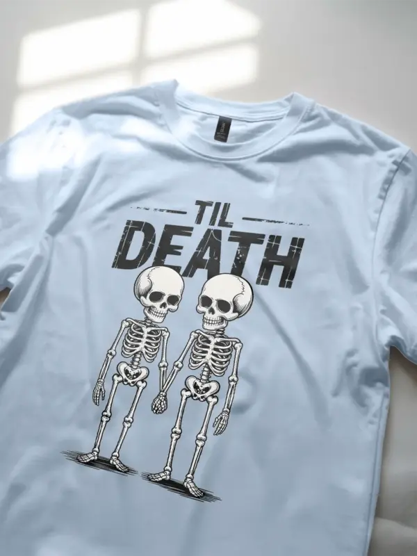 close-up – skull and ribcage detail on light blue gothic skeleton couple t-shirt