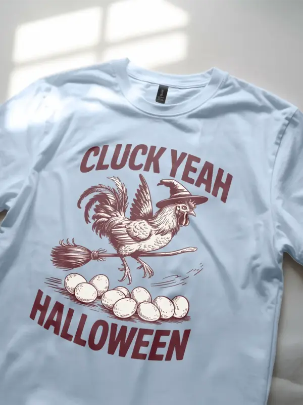 light blue retro chicken witch Halloween shirt in light blue