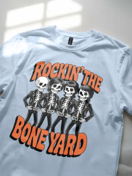 light blue Shirt Lifestyle Shot – Rockin the Bone Yard Vintage Skeleton Rock Band T-Shirt