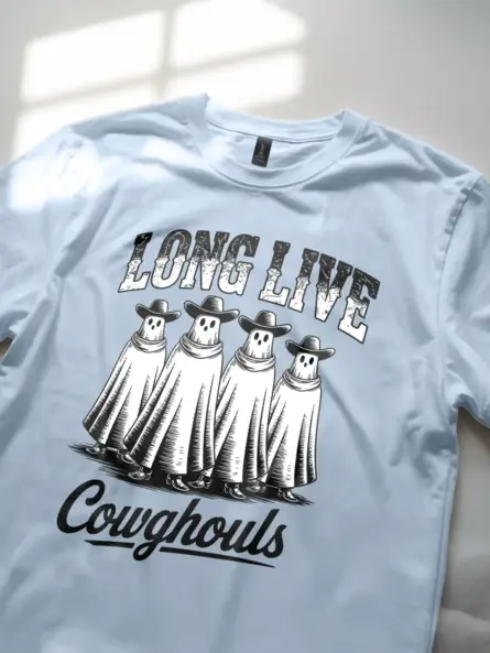 light blue angled view – retro ghost cowgirl tee western ghost cowboy t-shirt