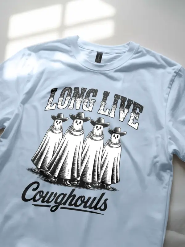 light blue angled view – retro ghost cowgirl tee western ghost cowboy t-shirt