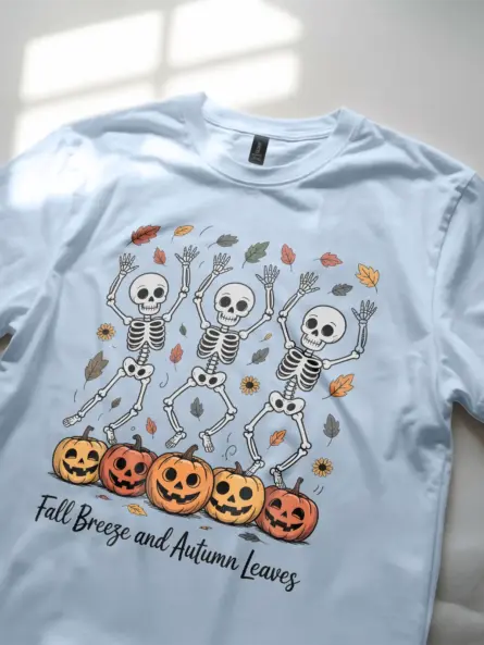 Whimsical Dancing Skeleton Fall Shirt – Cozy Autumn Leaves Tee - Image 5