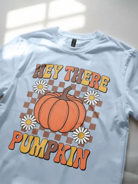 Hey There Pumpkin Shirt – Retro Fall Tee with Checkered & Daisy Design - Image 5