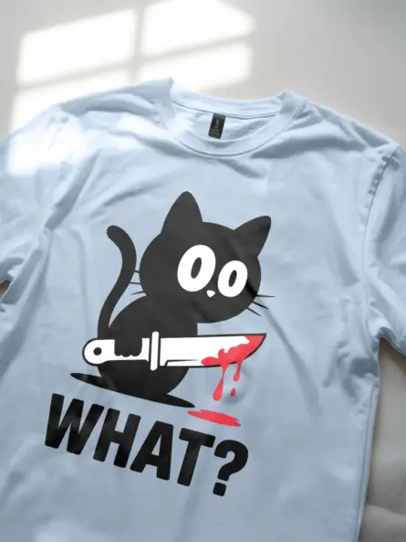 Murderous Cat with Knife T-Shirt – Funny Halloween Meme Graphic Tee - Image 5