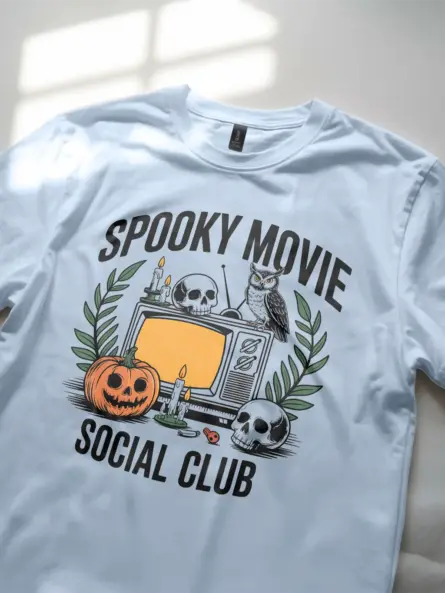 Lifestyle image – light blue spooky movie social club t-shirt worn by Halloween fan