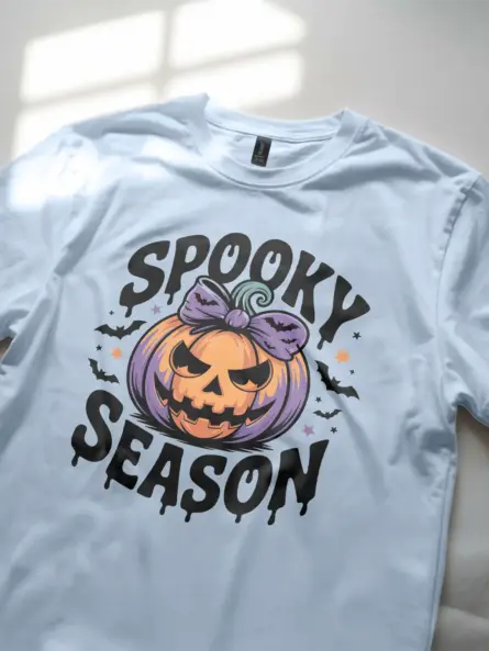 light blue Lifestyle Shirt spooky season pumpkin t-shirt with bats and stars