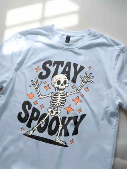 light blue lifestyle – cozy fall outfit with dancing skeleton tee
