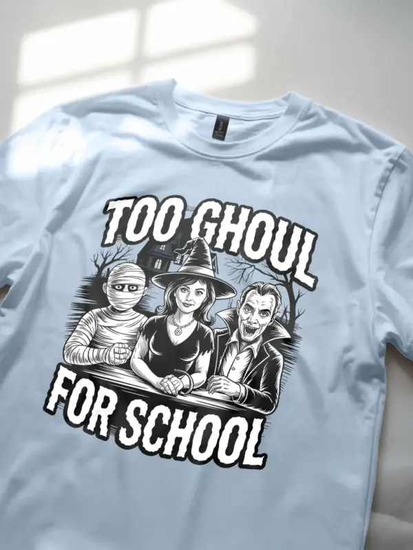 light blue too ghoul for school t-shirt lifestyle image – vintage horror t-shirt with monsters