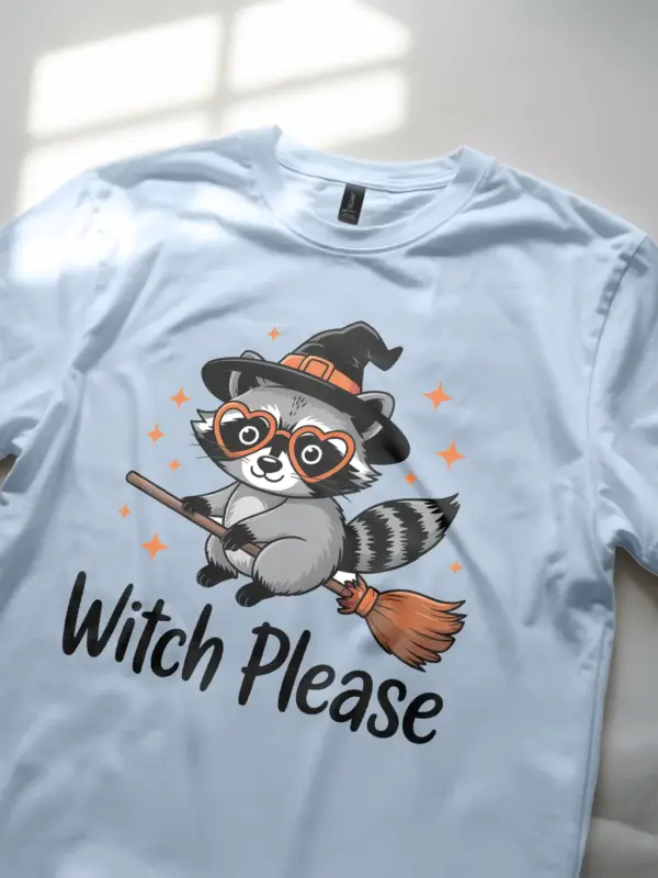 light blue lifestyle – Whimsical Halloween Tee – witch please raccoon t-shirt